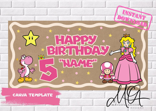 Princess Peach Birthday Banner, Super Mario Party Decor (Digital Download)