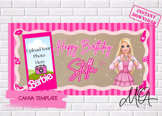Custom Barbie Birthday Banner, Photo Upload, Pink Doll Theme Decor (Canva Template)