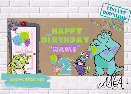Monsters Inc Birthday Banner, Editable Birthday Banner, Instant Download