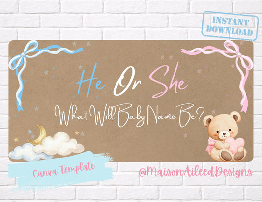 He or She Baby Name Banner | Gender Reveal Party Banner Printable