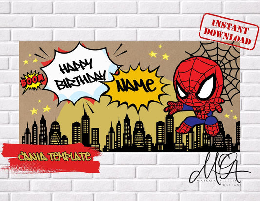 Spiderman Birthday Banner, Superhero Party Decor, Editable Canva Template (Instant Download)