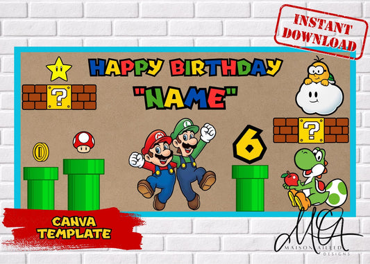 Mario and Luigi Birthday Banner Editable Template | Personalized Name and Age | Instant Download |